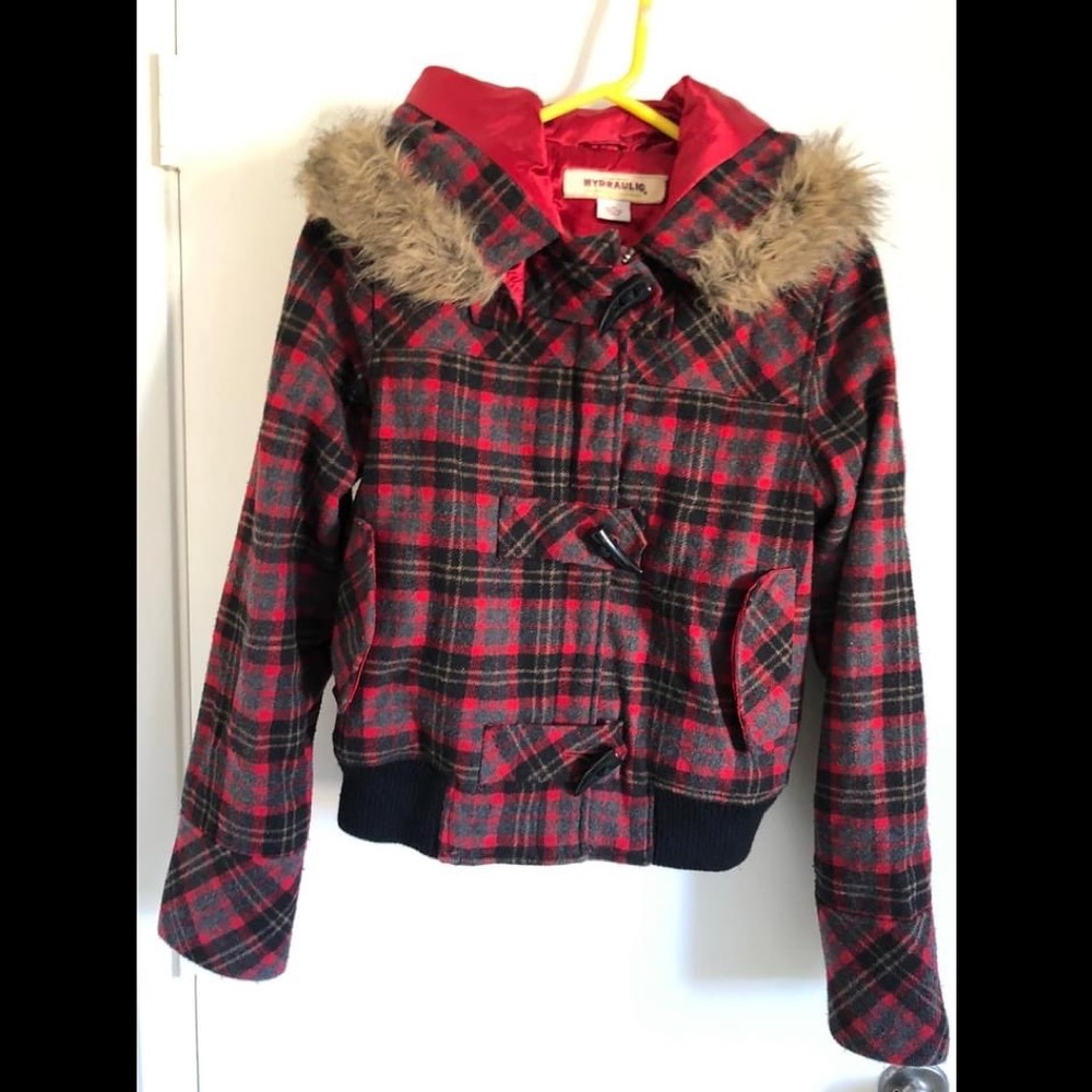 Hydraulic Medium RED/Black Plaid Hooded Zip Faux Fur Hood